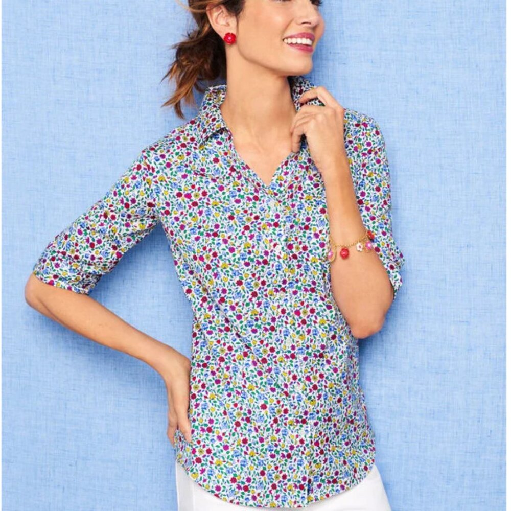 Talbots The Perfect Shirt Elbow Length Sleeve - Prairie Floral Size 2 Petite